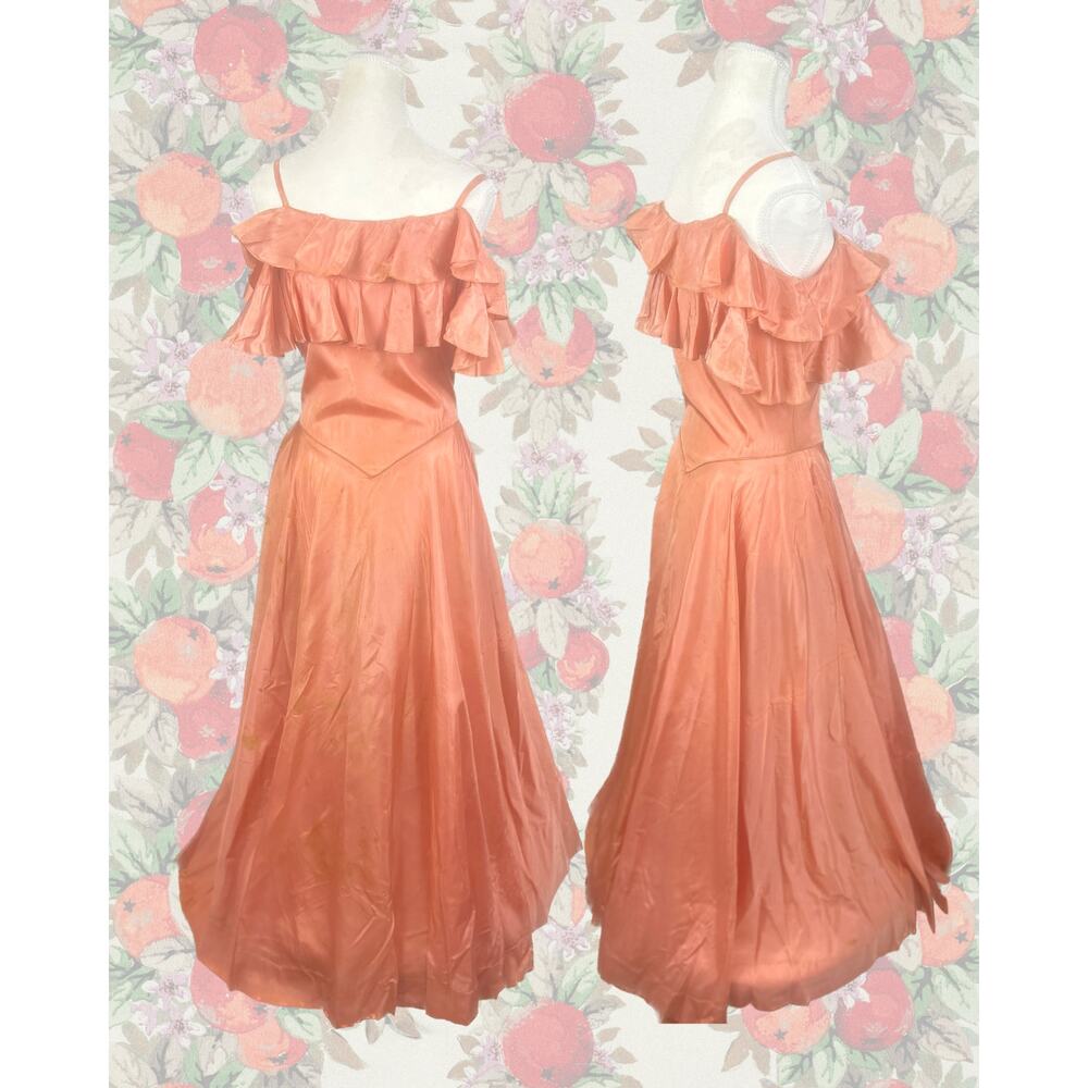 Vintage 1930s Wounded Bird Peach Ruffled Off Shoulder Gown Size S - Picture 2 of 8
